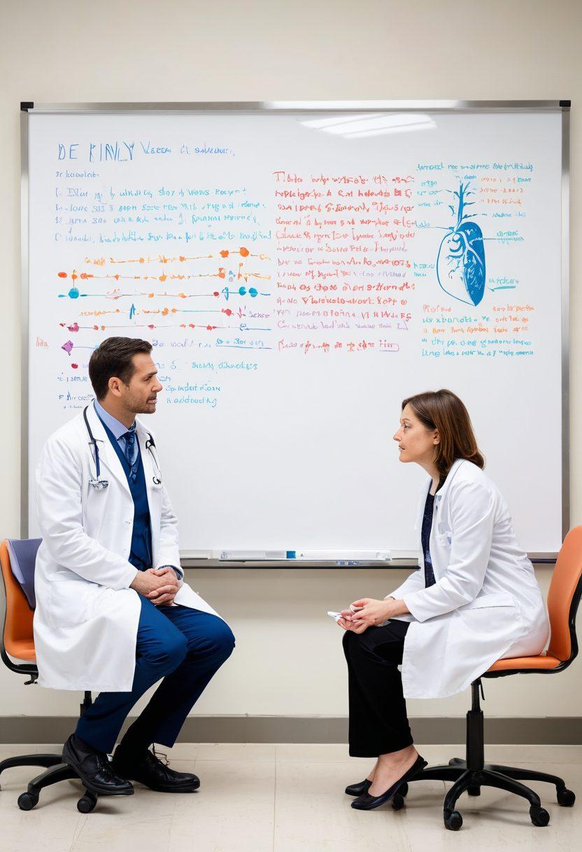 A thoughtful doctor in a bright hospital room, gently discussing with a patient seated on a hospital bed, both showing expressions of contemplation and compassion. A kidney diagram on a whiteboard in the background highlights the medical aspect. Emphasize a balance of ethical scales subtly in the corner. painting. vibrant colors. white background.
