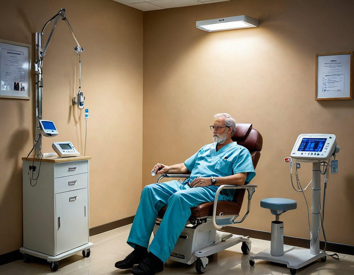 A serene hospital setting where a doctor is compassionately speaking with a patient sitting in a dialysis chair, while a clipboard with a 'Patient Consent Form' is visible. There are gentle, warm lighting and soft shadows, emphasizing care and trust. The background includes subtle medical equipment, creating a sense of a professional yet empathetic atmosphere. realistic, soft lighting, warm colors.